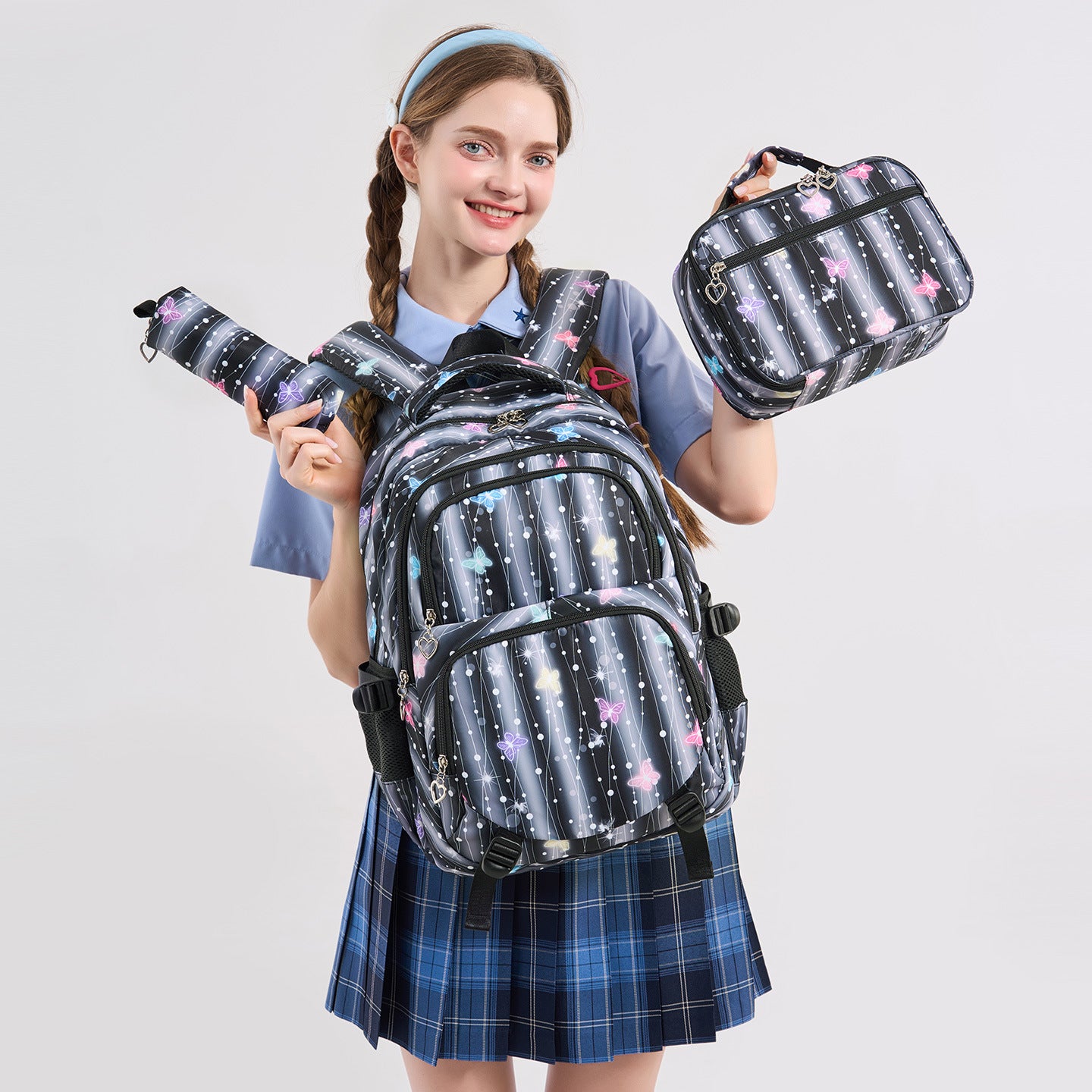 Large Capacity Burden Reduction Spine Protection Campus Butterfly Printed Three-piece Primary School Bag