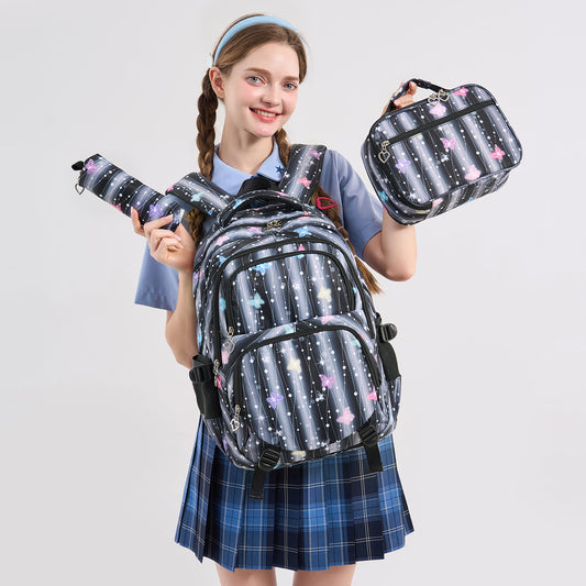 Large Capacity Burden Reduction Spine Protection Campus Butterfly Printed Three-piece Primary School Bag