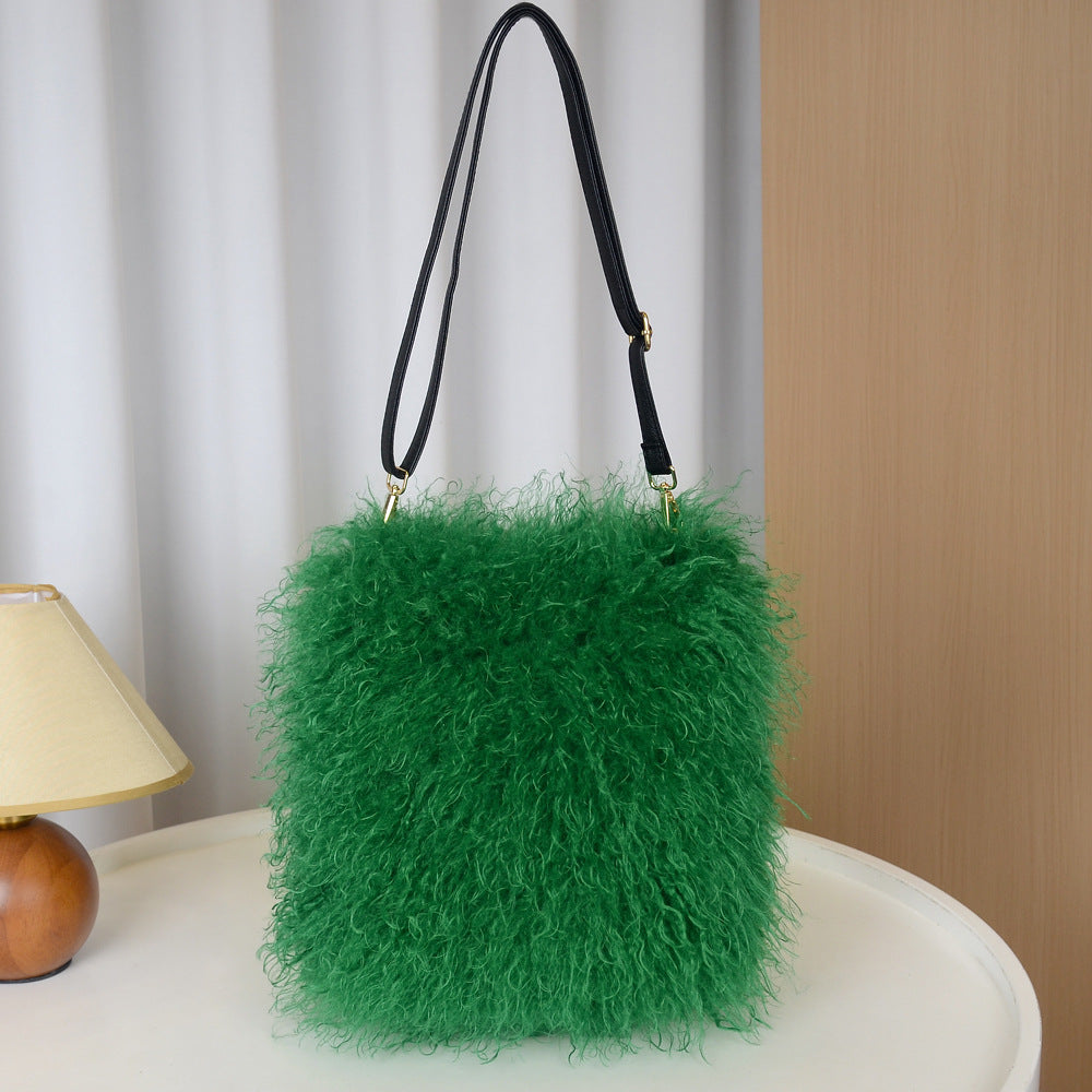 Women's Plush Fashion Simple Imitation Tan Sheep Western Style Hand Women's Messenger Bag