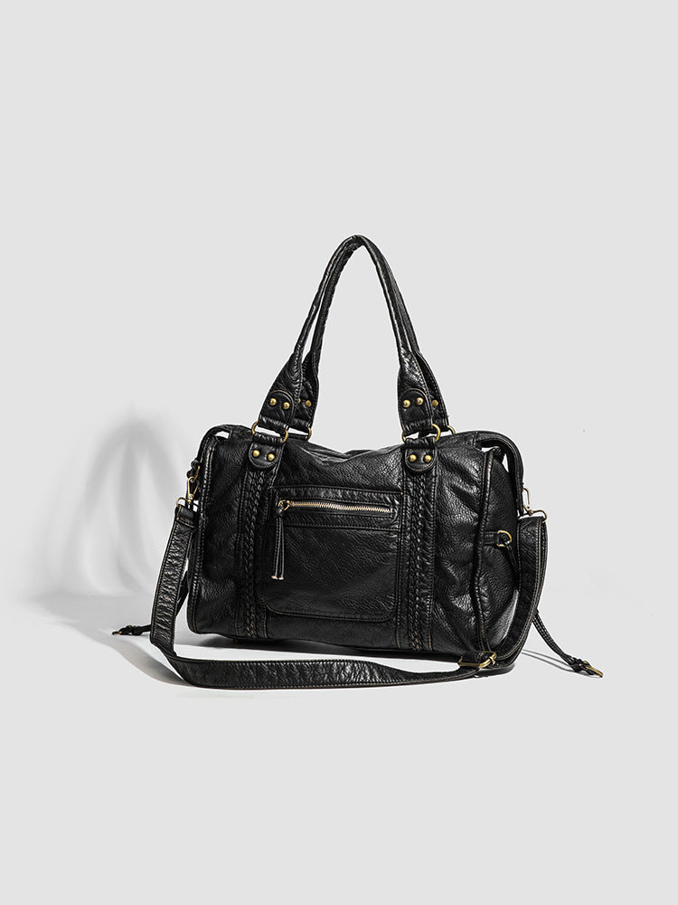 Women's French Retro Motorcycle Large Capacity Washed Tote Bags