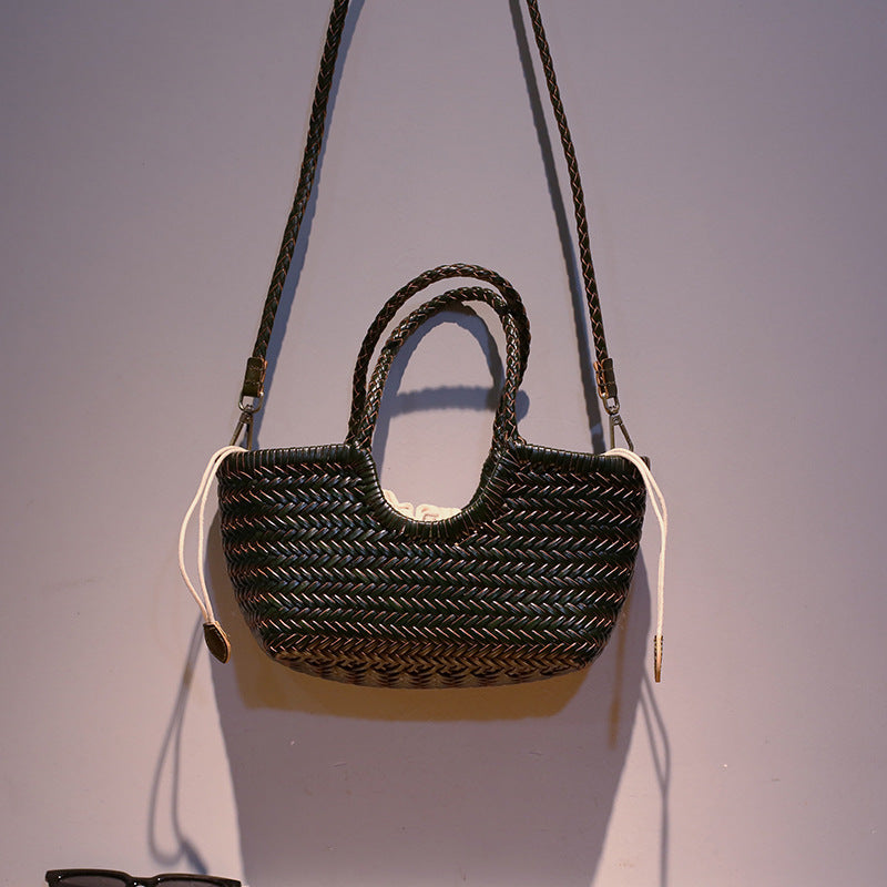Women's Korean Retro Curved Mouth Woven Authentic Leather Weave Vegetable Women's Handbag