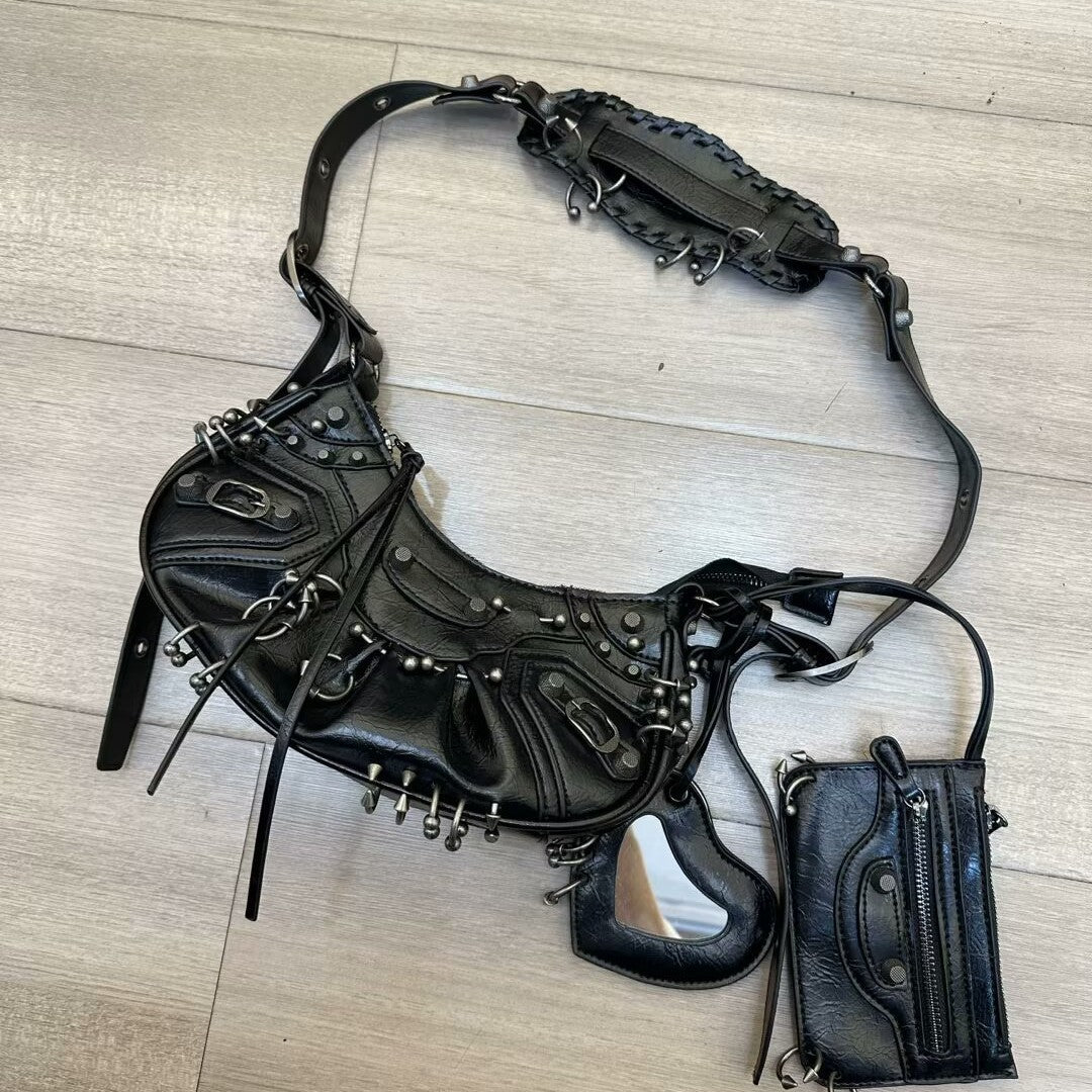Women's Trendy Unique Black White Rivet Decorative Women's Messenger Bag