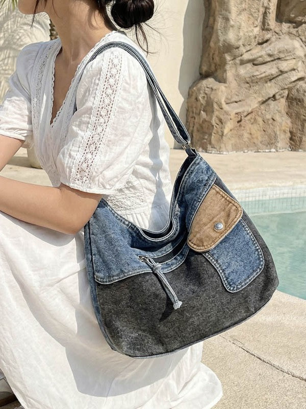 Women's Retro Trendy Washed Denim Fashion Stitching Women's Shoulder Bag