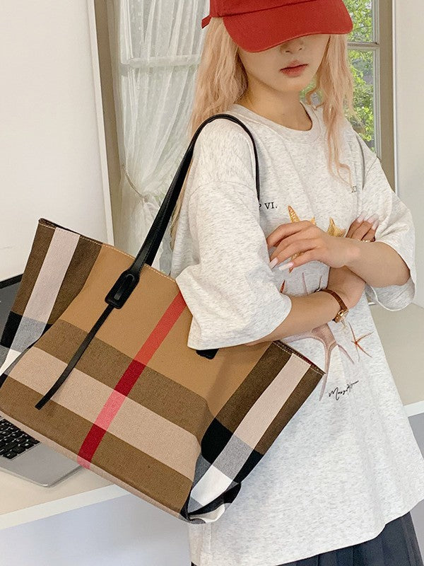 Women's Canvas Check Pattern Large Capacity Totes Shopping Textured Women's Shoulder Bag