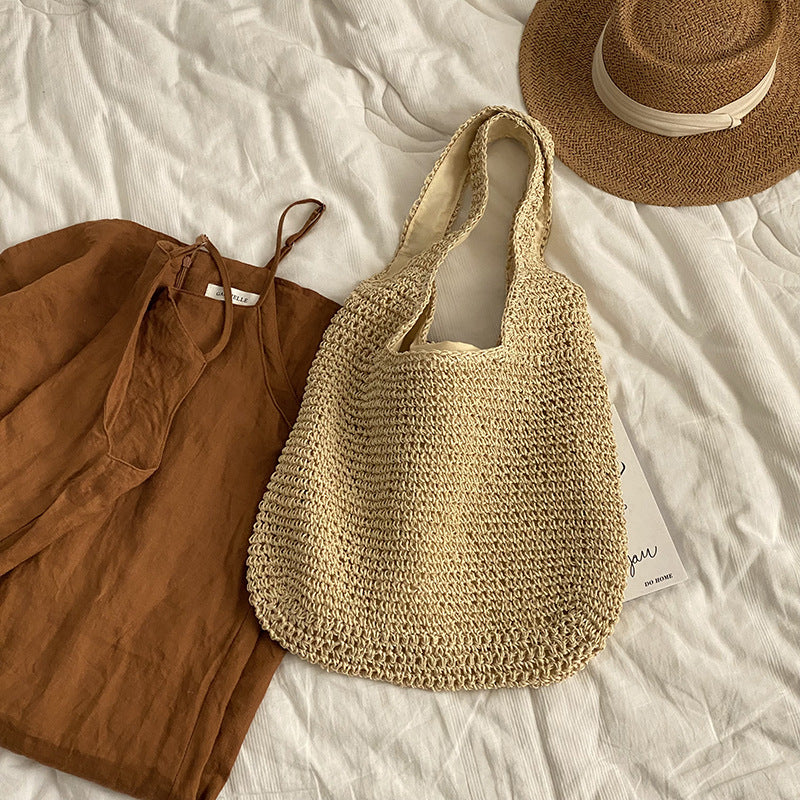Women's Large Capacity Straw Summer Canvas Seaside Vacation Beach Tote Bag