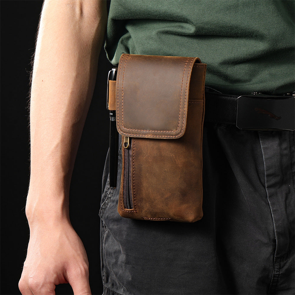 Men's Retro First Layer Cowhide Magnetic Mobile Genuine Leather Men's Fanny Pack
