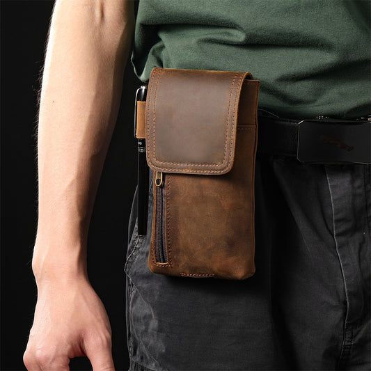 Men's Retro First Layer Cowhide Magnetic Mobile Genuine Leather Men's Fanny Pack