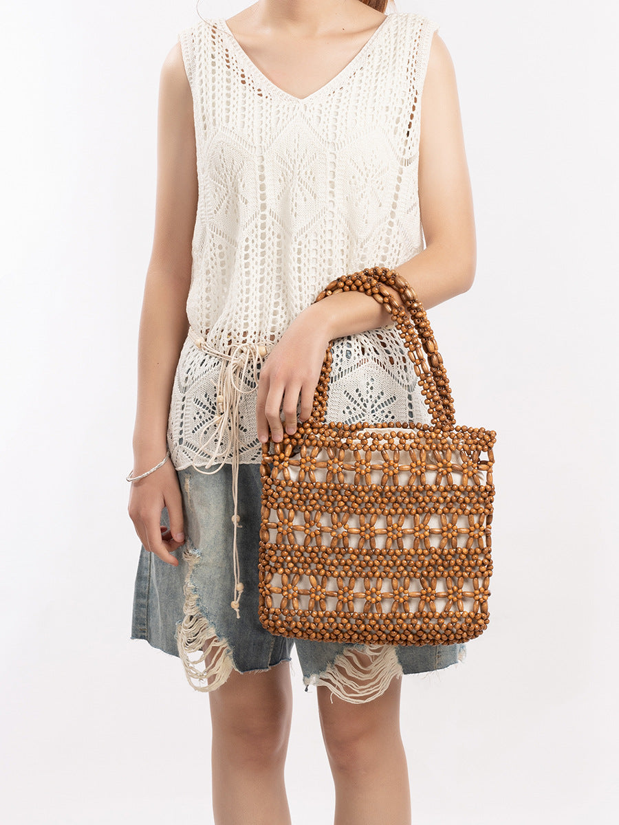 Women's Woven Seaside Beach Vacation With Wooden Beads Women's Shoulder Bag