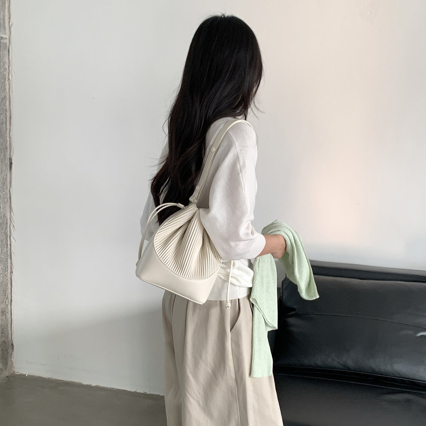 Women's High-grade Drawstring Stitching Design Korean Style Shoulder Bags