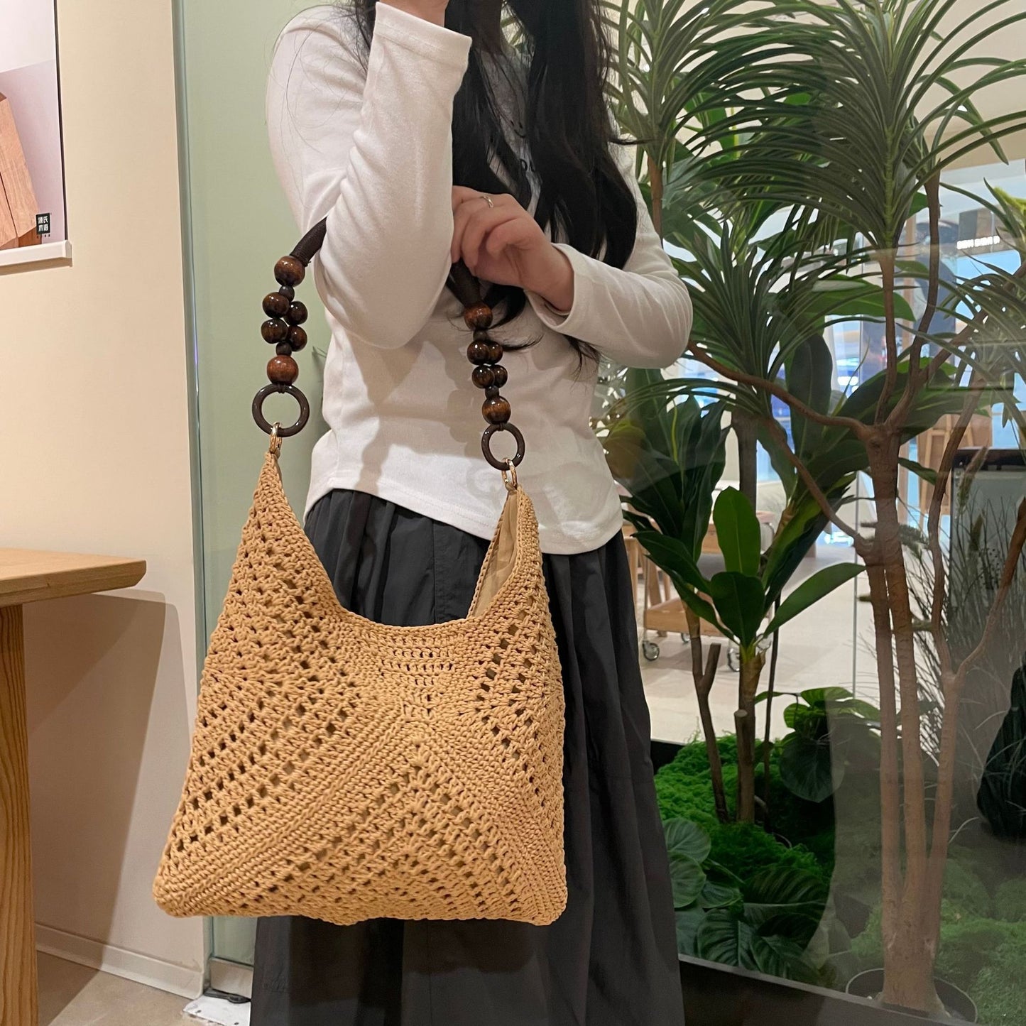 Korean Ethnic Handmade Design Sense Wooden Posts Underarm Vacation Seaside Bags