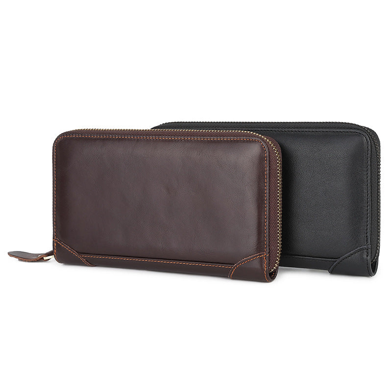 First Layer Long Cowhide Zipper Single Leather Fashion Men's Clutch