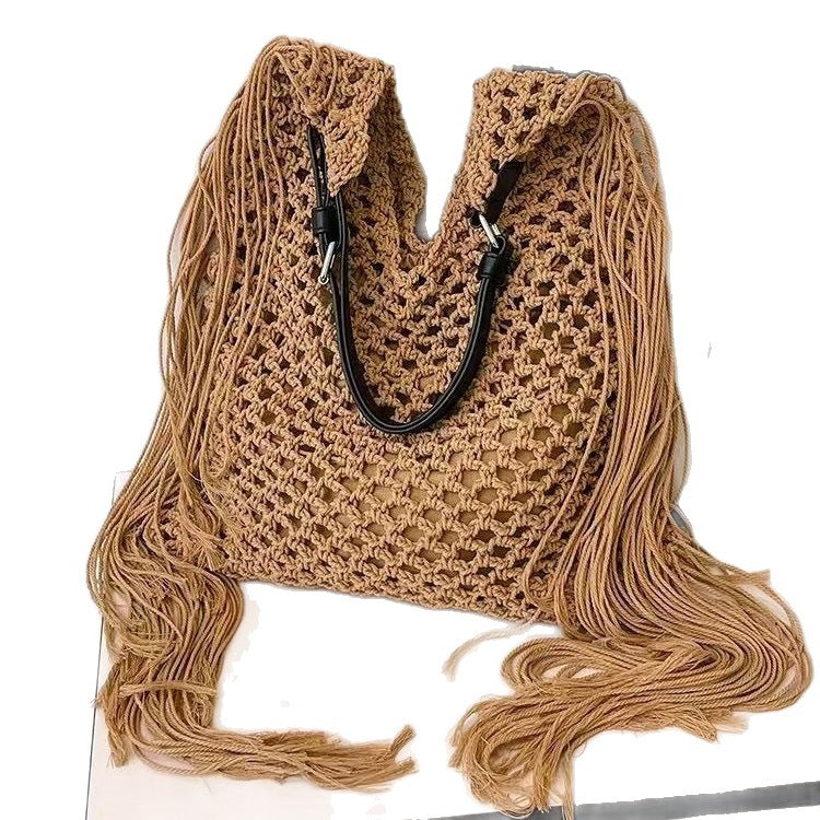 Women's Long Fringe Single Cotton Thread Woven Big Triangle Hollow Straw Women's Shoulder Bag
