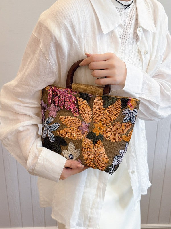 Summer Bamboo Advanced Texture Color Sequins Linen Embroidery Women's Handbag