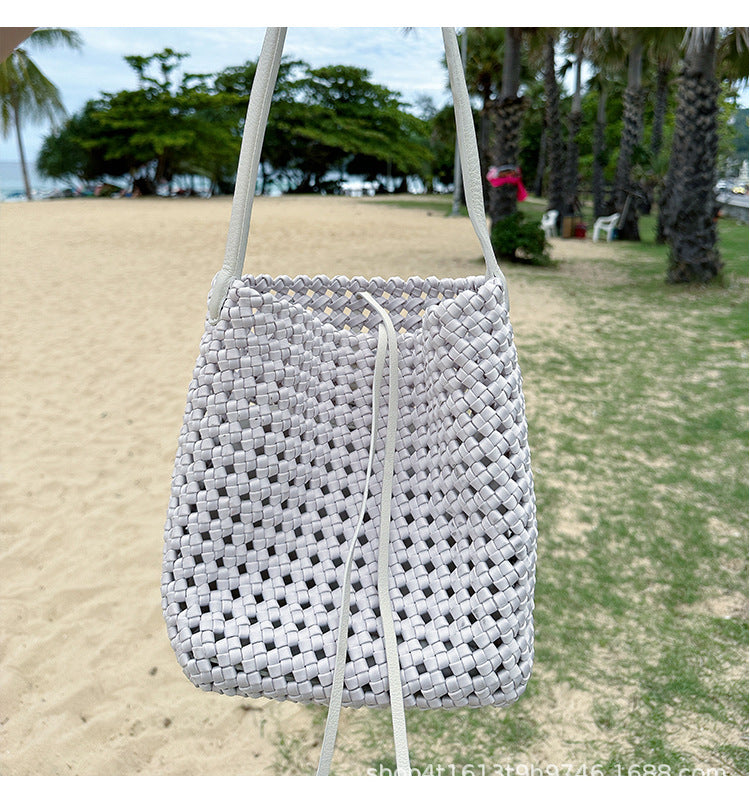 Women's Satin Straw Plaid Woven Portable Fishing Net Bags
