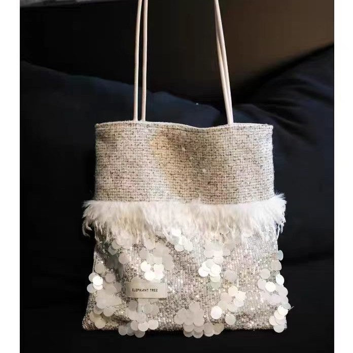Commuter Sequined Large Capacity White Premium Design Light Shoulder Bags