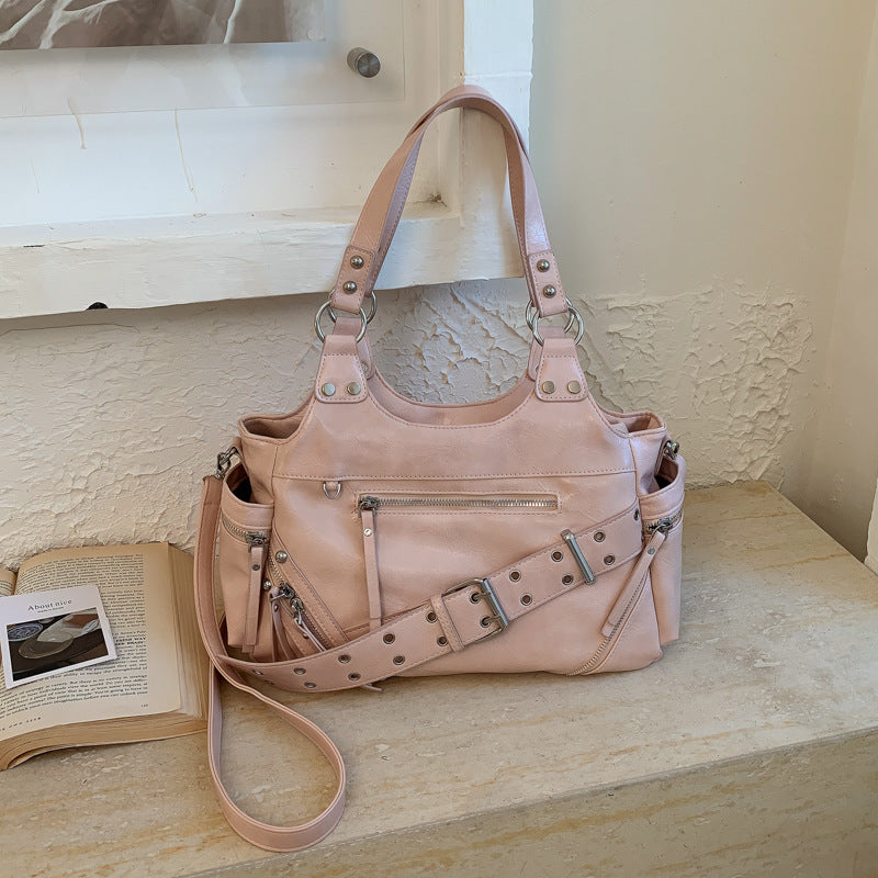 Women's Retro For Large Capacity Soft Leather Stitching Fashion Commuter Rivet Women's Shoulder Bag