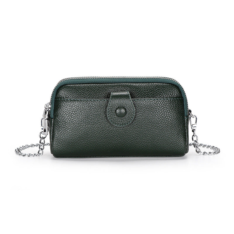 Women's Genuine Leather Chain Layer Cowhide Double Zipper Women's Clutch