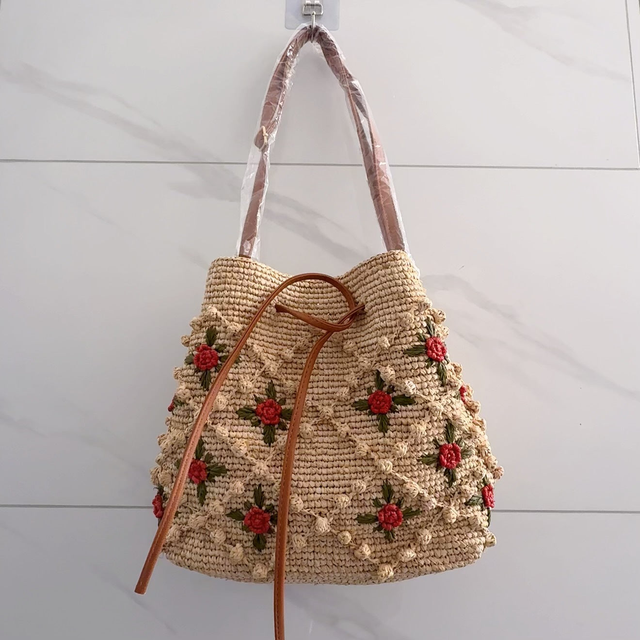 Crochet Straw Three-dimensional Rose Retro Handmade Women's Shoulder Bag