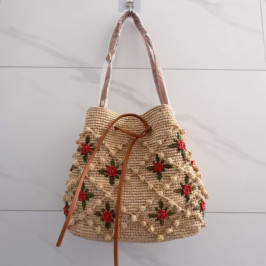 Crochet Straw Three-dimensional Rose Retro Handmade Women's Shoulder Bag