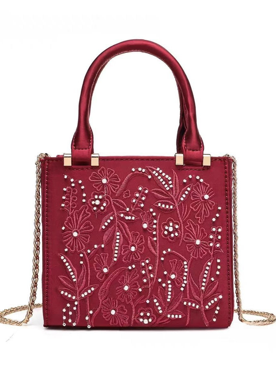 Women's Artificial Decorated Pearls Silk Satin Texture Hard Women's Handbag