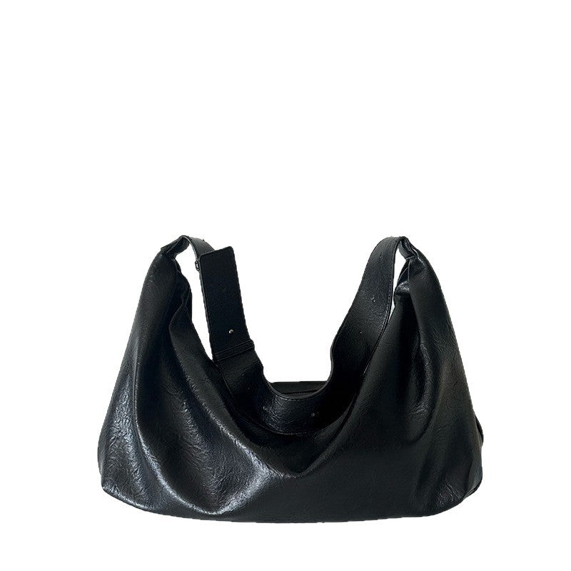 Women's Leather Large Capacity Black Dumpling Retro Tote Bag