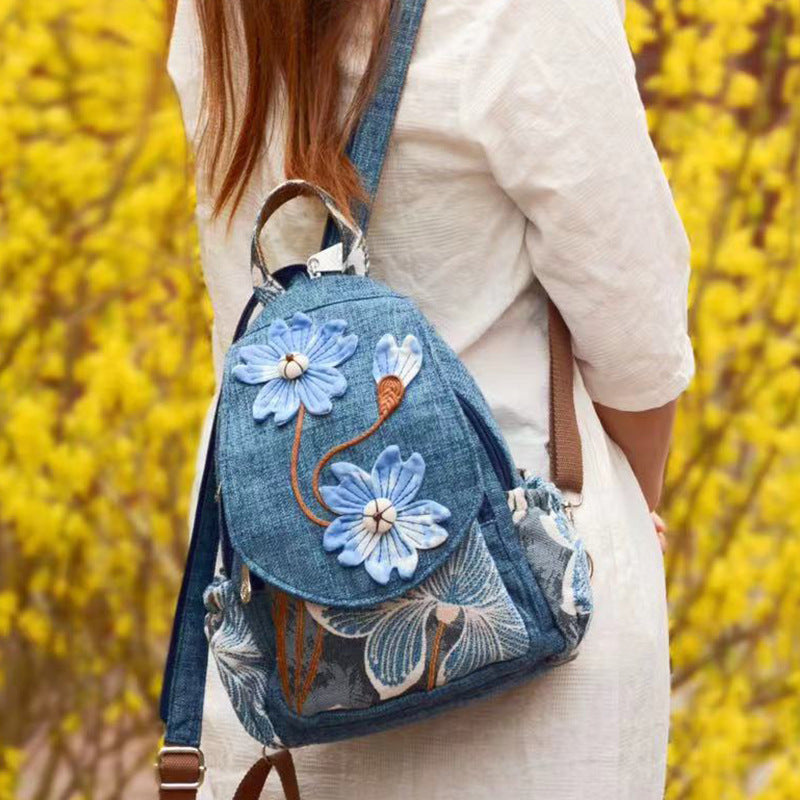Women's Cotton Linen Canvas Ethnic Style Handicraft Blue Art Backpacks