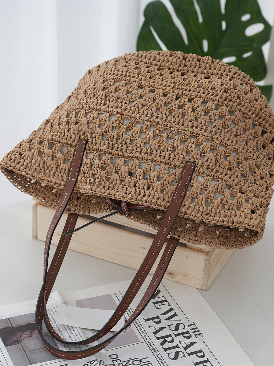 Women's Large Capacity Straw Simple Hollow Woven Vacation Style Women's Handbag