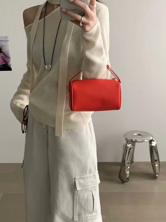 Style Niche Cattle Leather Pen Mini Simple Round Genuine Pencil Women's Shoulder Bag