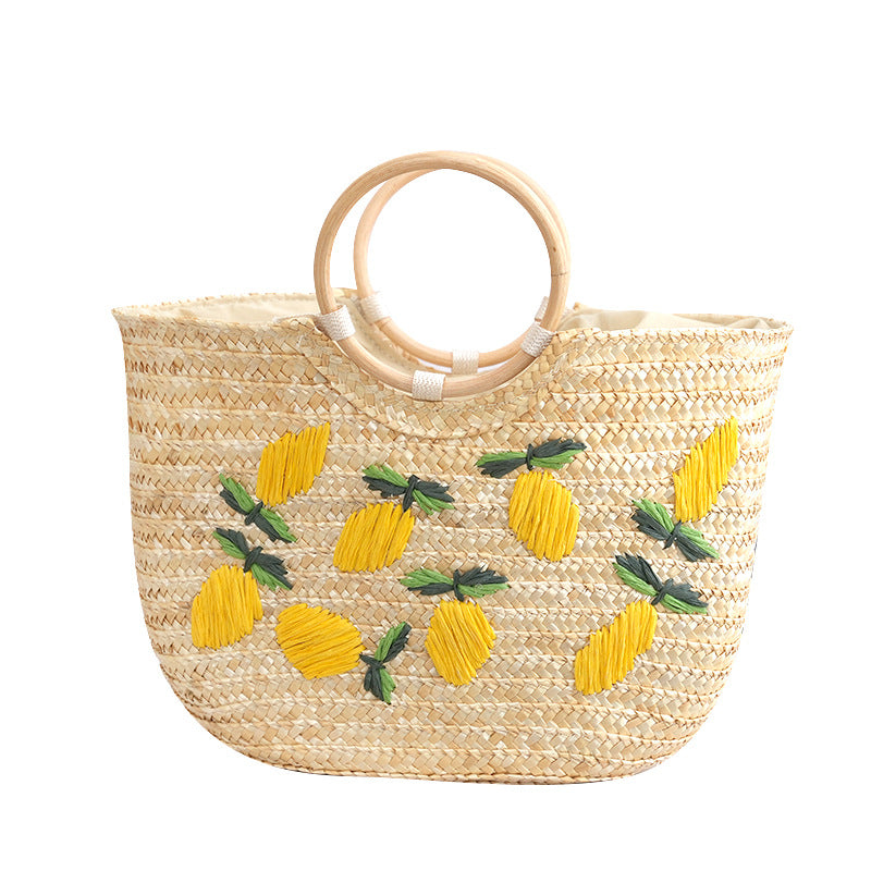 Lemon Semicircle Straw Braid Handmade Embroidery Market Vegetable Women's Shoulder Bag