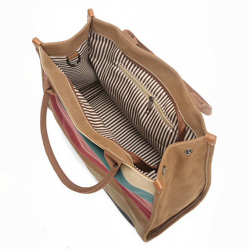 Women's Canvas Striped Large Vintage Fashion Stitching Tote Bag
