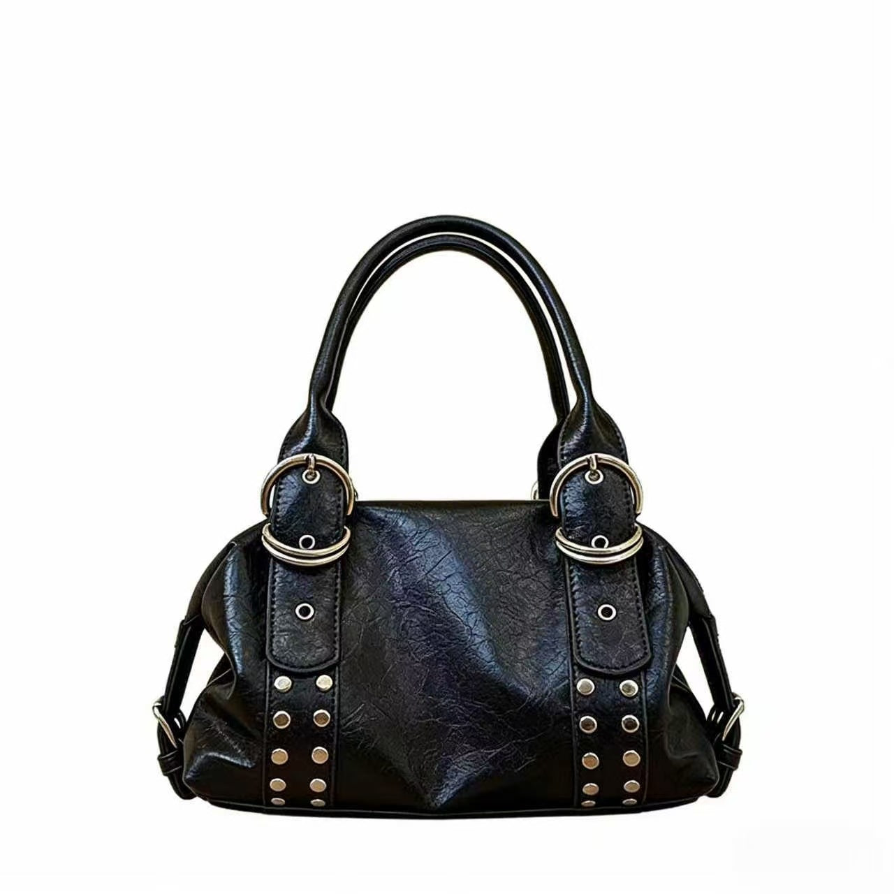 Women's Korean Underarm Soft Leather Rivets Cylinder Commuter Tote Bags