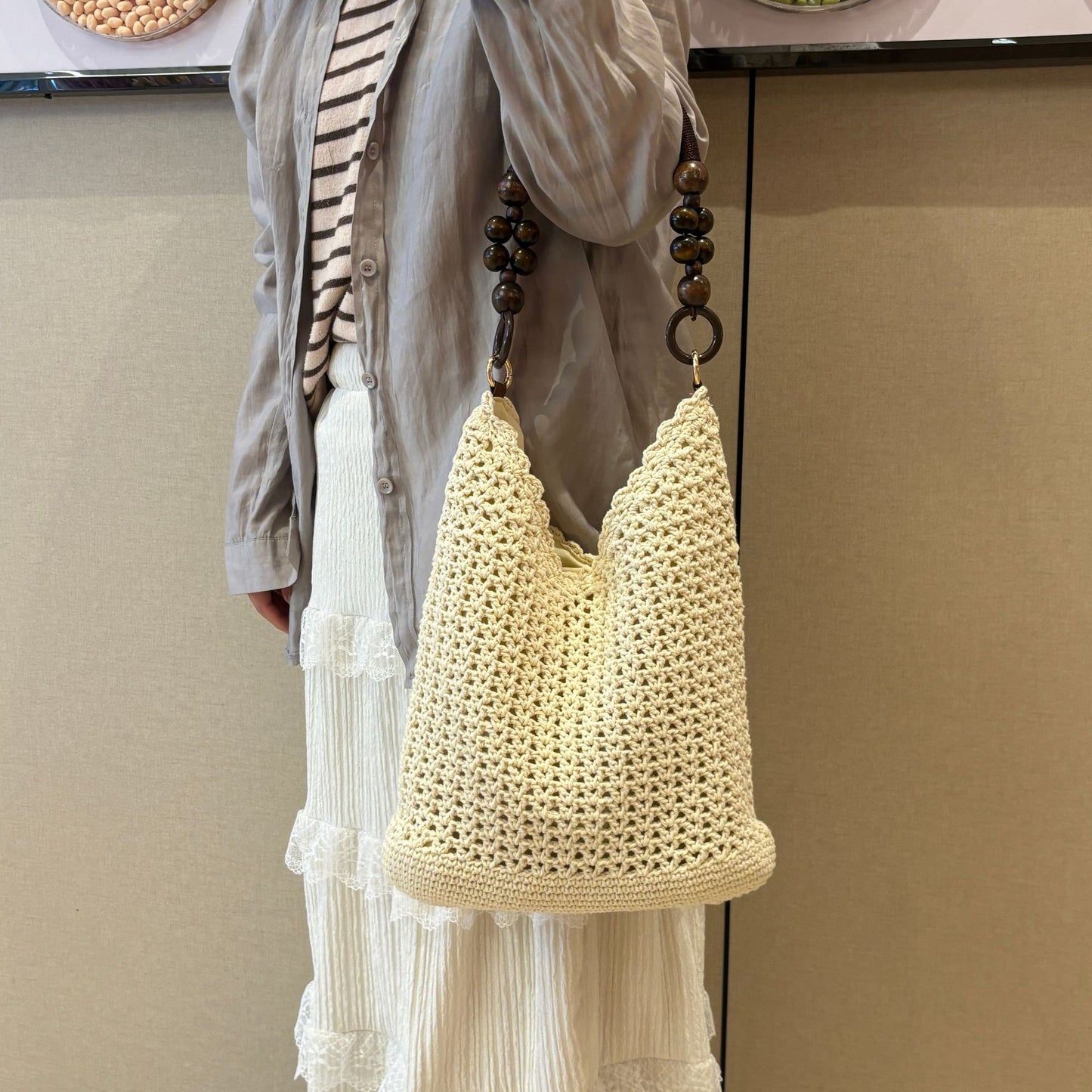 Chinese Style Beads Strap Cotton Thread Woven Women's Shoulder Bag