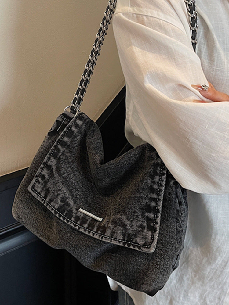 Korean Style Chain Large Capacity Denim College Shopping Tote Bags