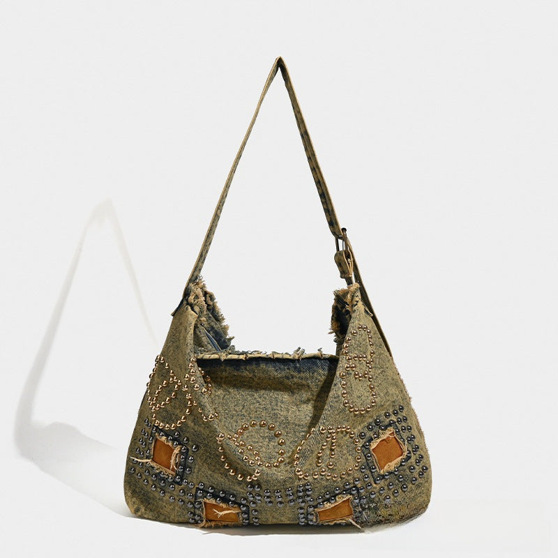 Large Capacity Totes Retro Jean Studded Bags