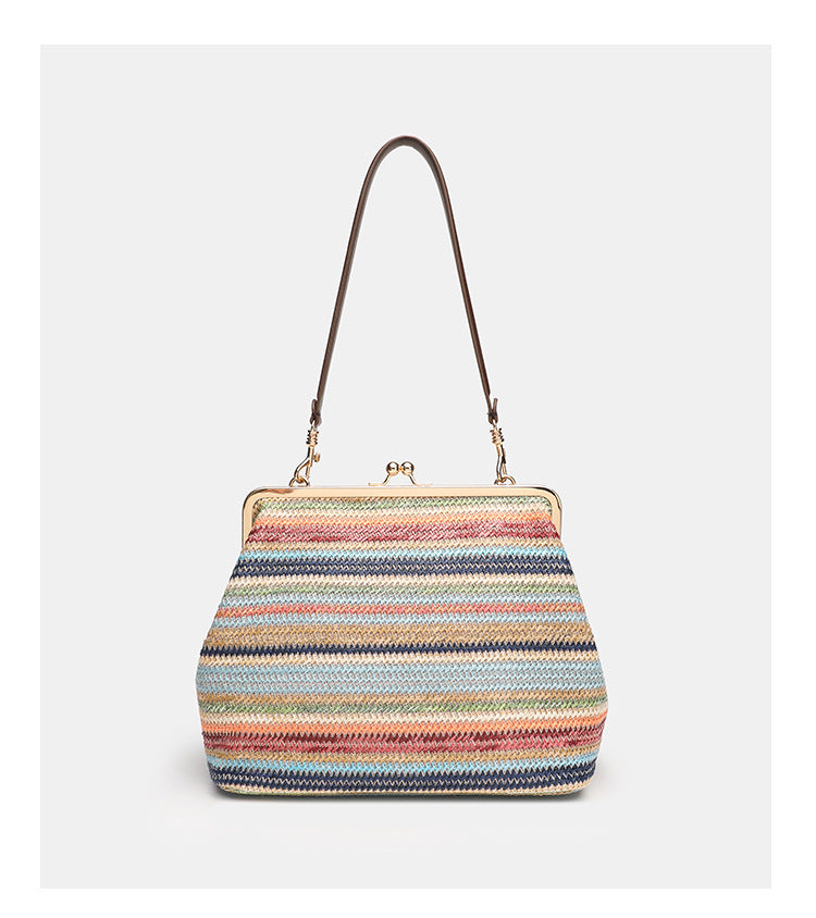 Colorful Striped Straw Kiss Summer Woven Women's Handbag