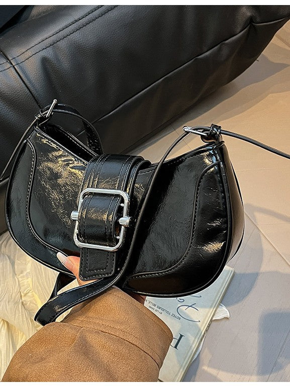 Retro Textured Hot Motorcycle Baguette Patent Women's Messenger Bag