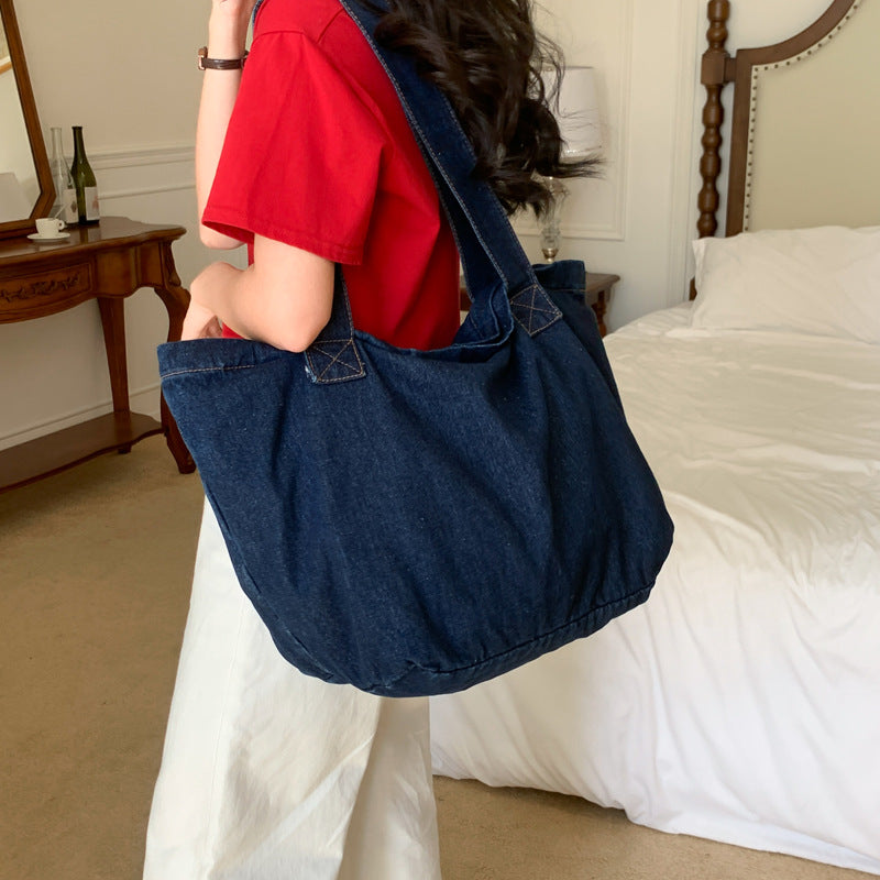 Large Capacity Simple Zipper Korean Style Washed Canvas Shoulder Bags
