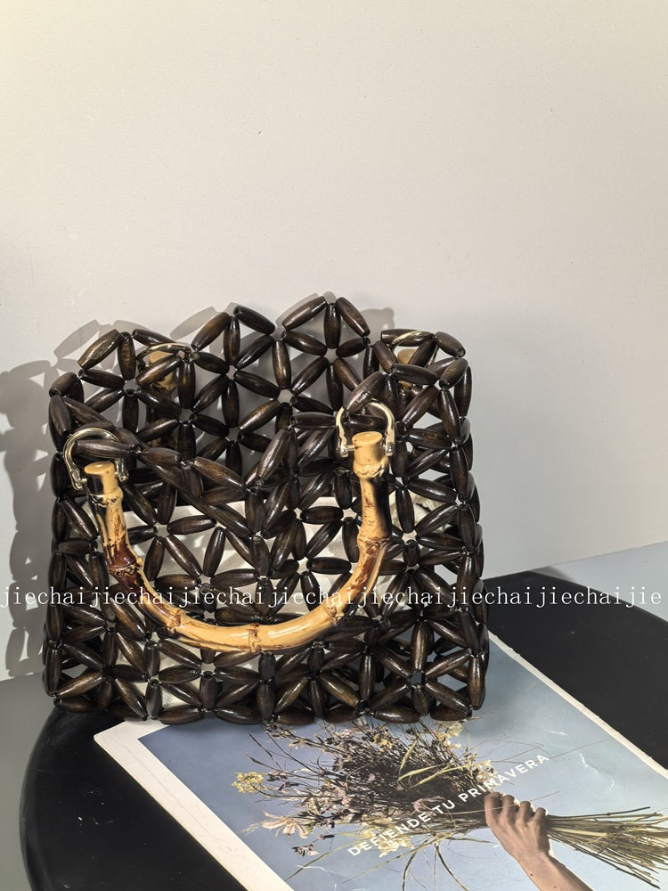 Women's Style Woven Wooden Bead Beaded Niche Handmade Women's Handbag