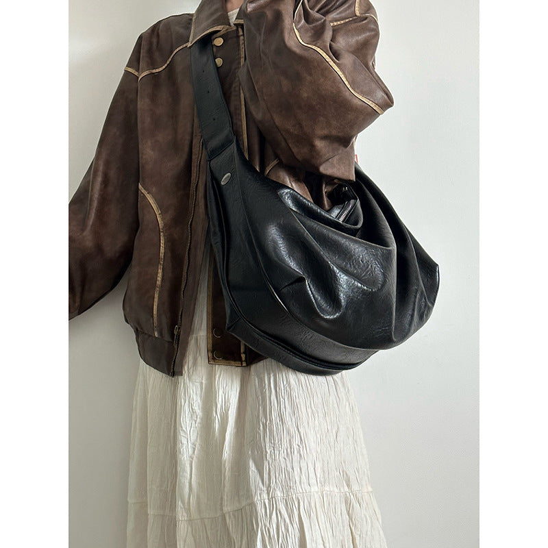 Women's Leather Large Capacity Black Dumpling Retro Tote Bag