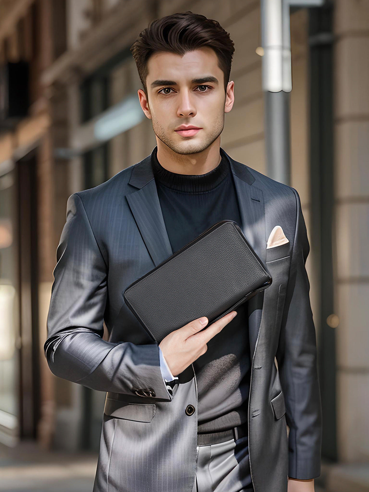 Men's Genuine Leather Soft Man Pair Zipper Business Large Men's Clutch