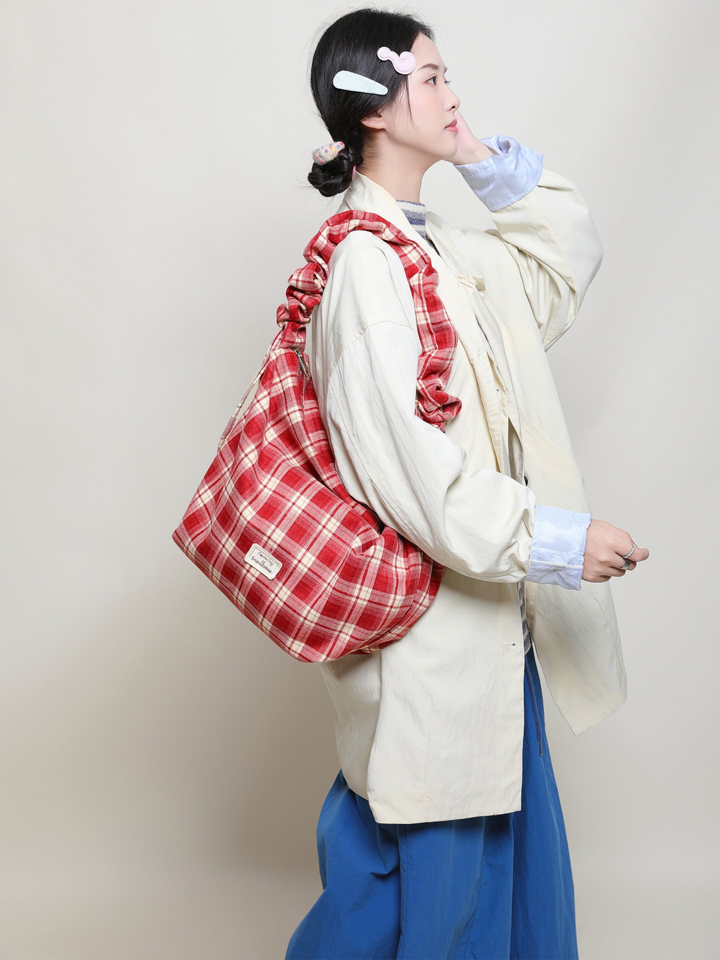 Women's Checked Canvas Korean Style Atmosphere Large Capacity Women's Messenger Bag