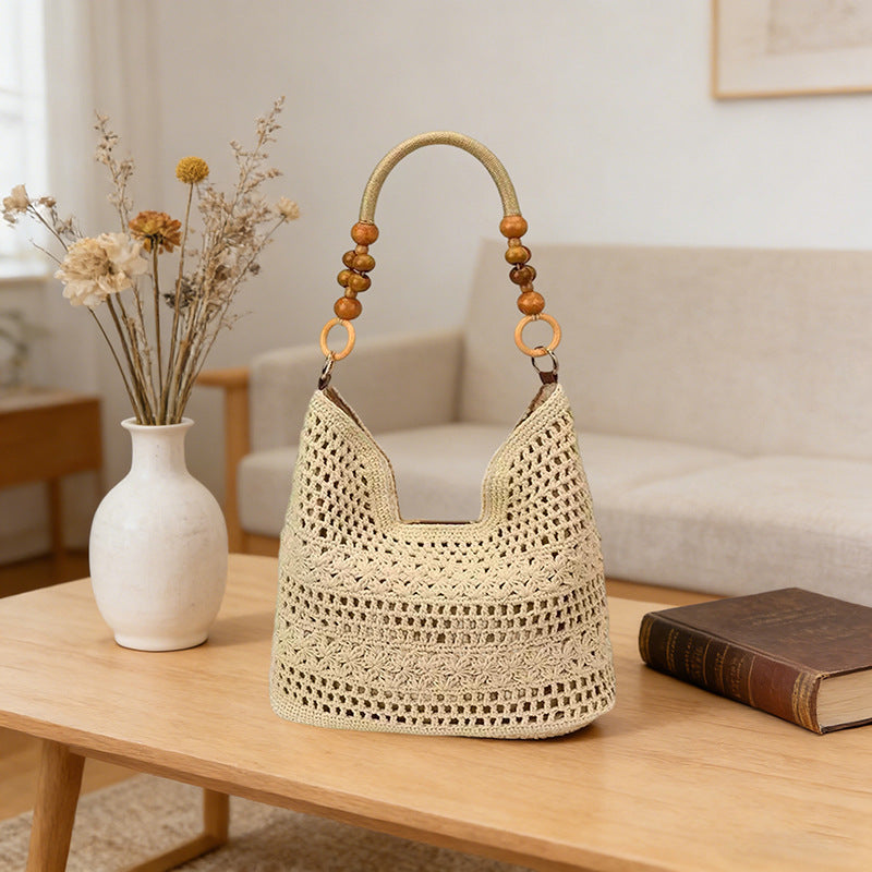 Hollow Crochet Woven Wooden Bead Portable Vacation Women's Messenger Bag