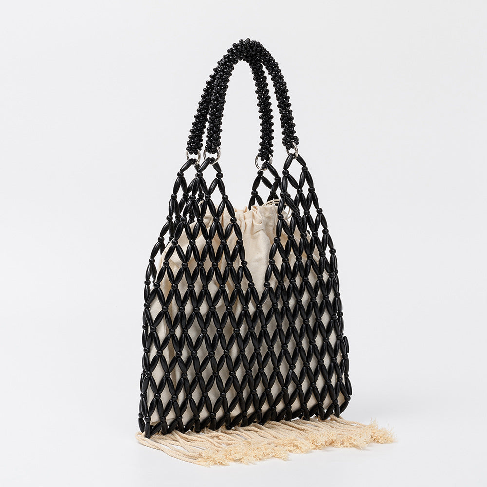 Tassel Hand-woven Beaded Trendy With Wooden Beads Bags