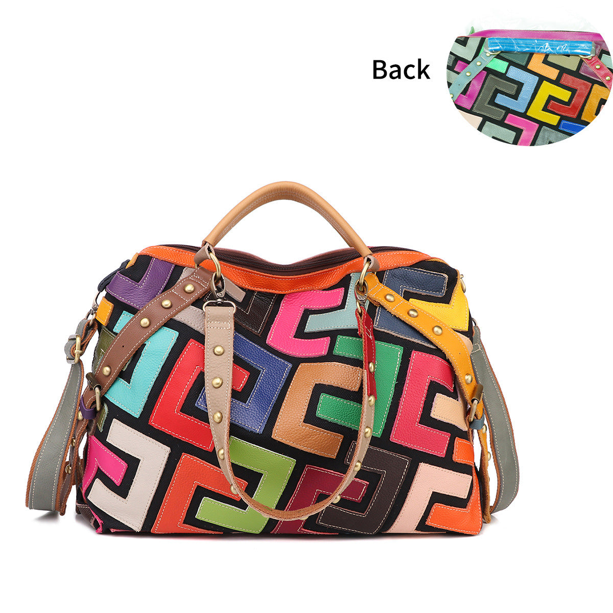 Women's Leather Contrast Color Trendy Design Portable Women's Handbag