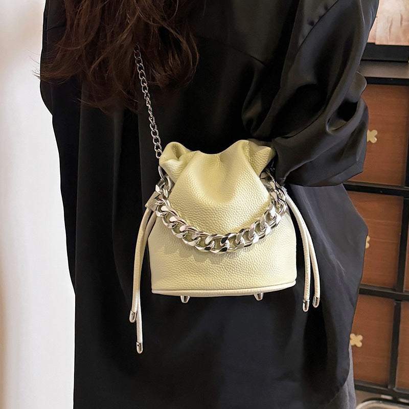 Women's Genuine Leather Fresh Simple Drawstring Fashionable High-grade Chain Cross Bucket Bags