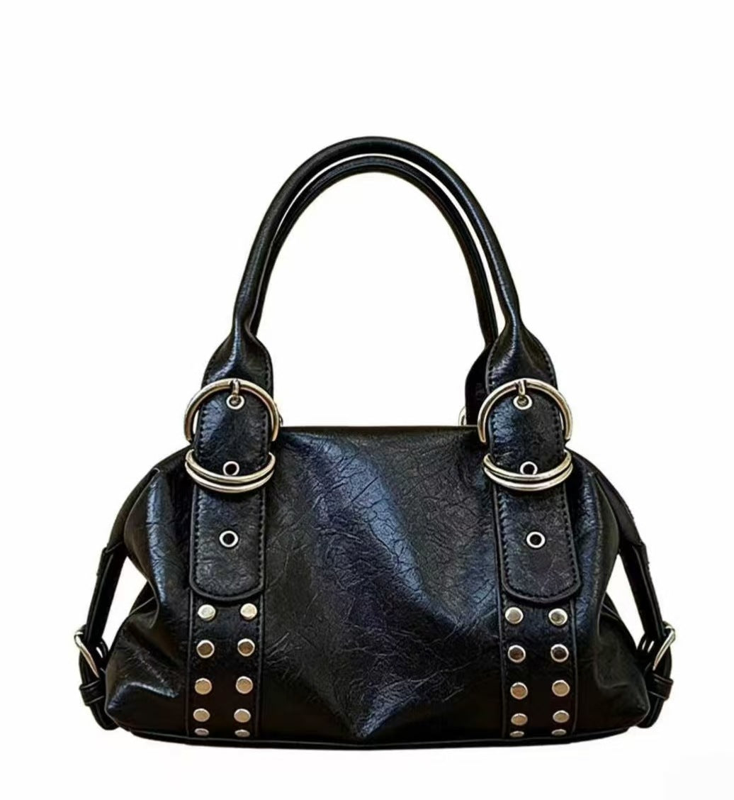 Women's Korean Underarm Soft Leather Rivets Cylinder Commuter Tote Bags