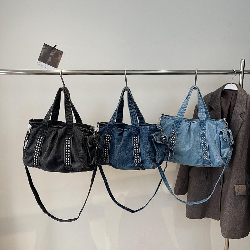 Women's Denim Punk Style Motorcycle Rivet Large Capacity Bags
