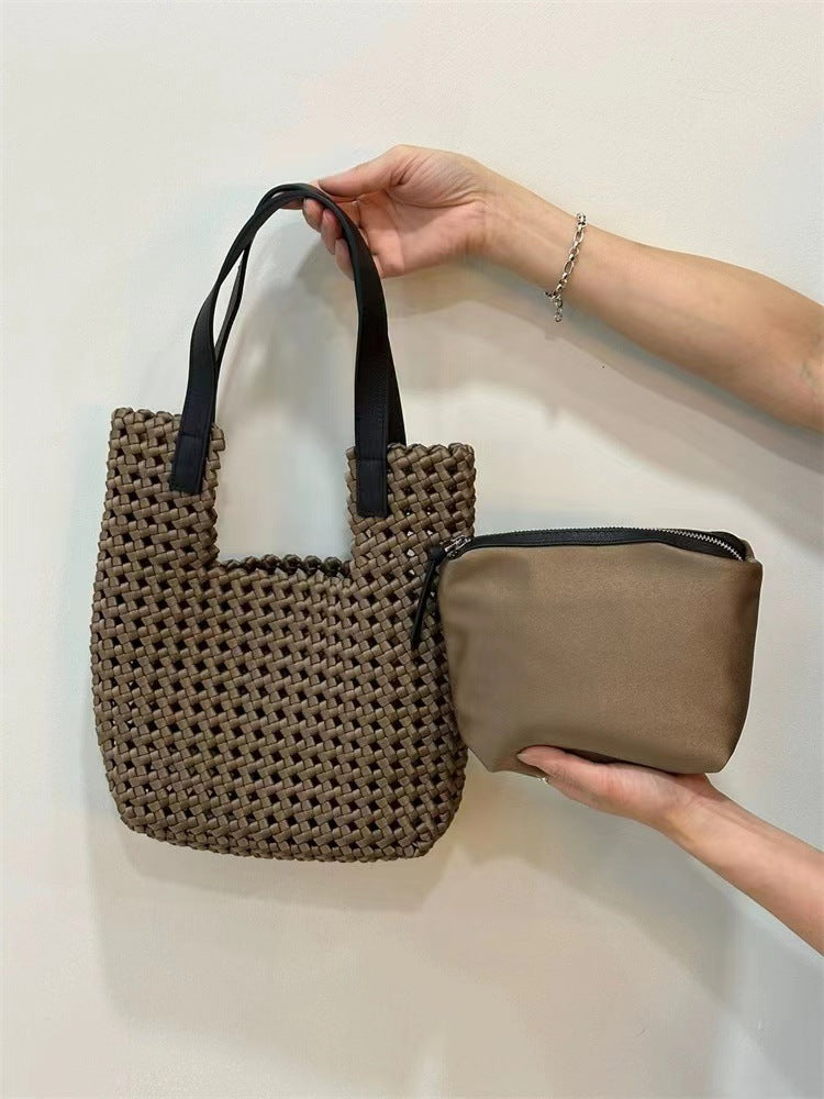 Cowhide Retro Woven Large Capacity Totes Mother Underarm Tote Bag