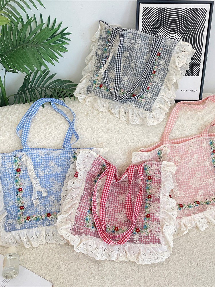 Women's Mori Pastoral Style Plaid Embroidered Lace Large Bags