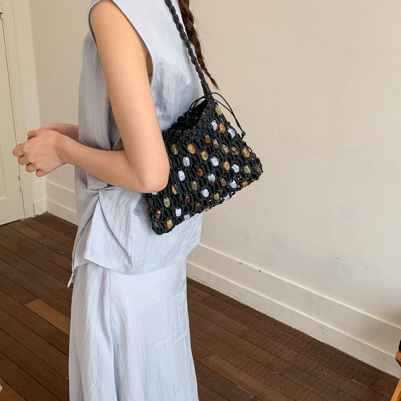 Handmade Wax Rope Woven Portable Beaded Women's Shoulder Bag